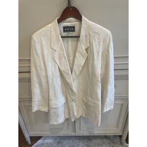Vintage Anya Ivory Cream 100% Silk Skirt Suit Medium‎ embroidery 3 Piece Set